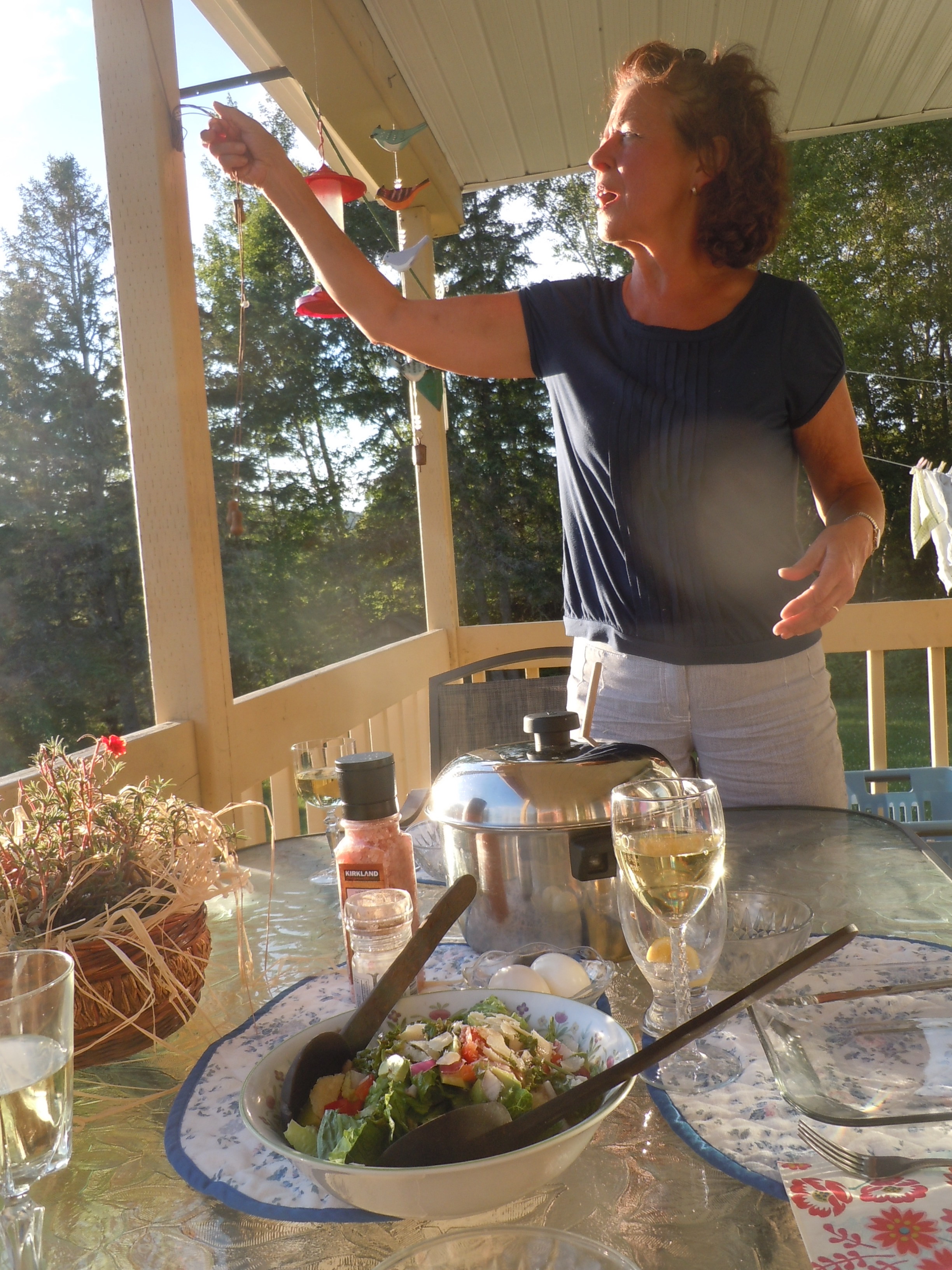 Our host Delores, in Nouvelle, Quebec, spots wildlife as we're about to eat dinner on her deck, one block from a national park