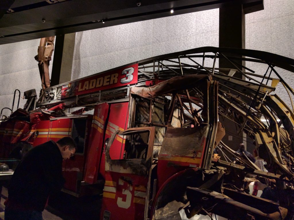 Fire truck on duty in response to the first attack, damaged by falling rubble from the second tower